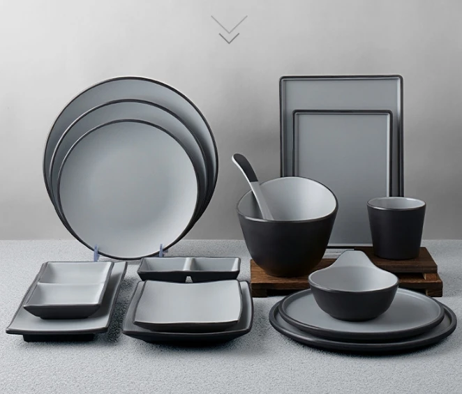 Набор столовой посуды из 100% меламина, небьющиеся серые, черные тарелки, посуда, используемая в ресторане, серая посуда, пищевой материал А5
