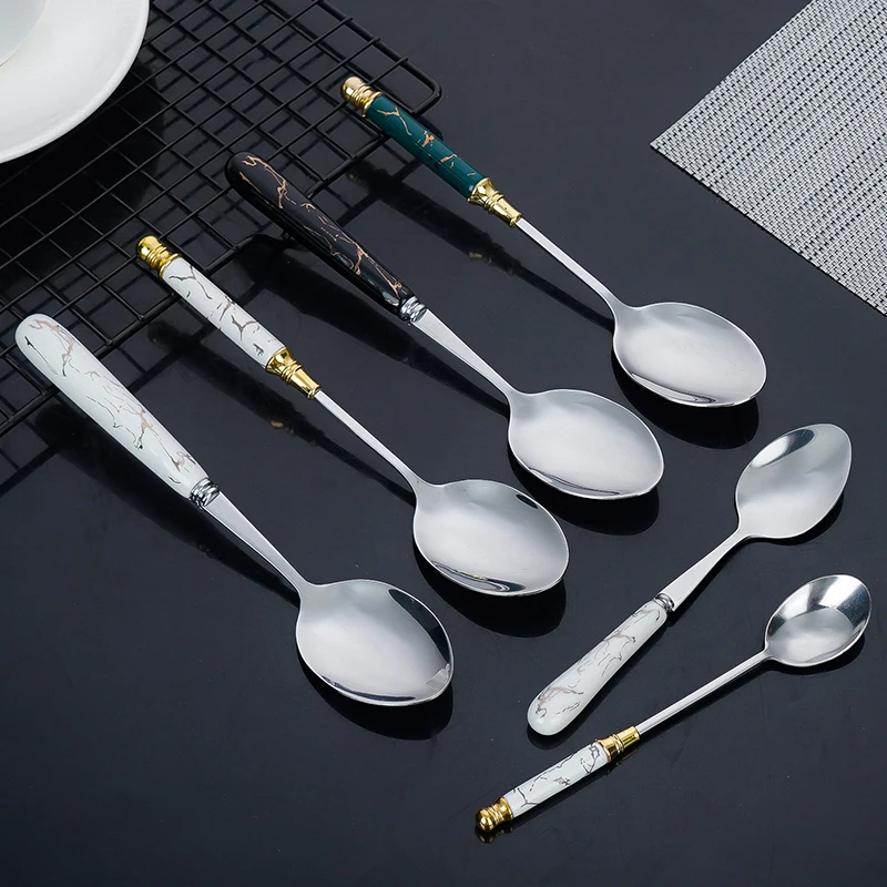 Роскошный набор столовых приборов из нержавеющей стали из 6 предметов с черно-белой и зеленой мраморной ручкой Идеальный набор кухонных столовых приборов