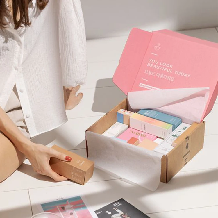 Оптовая продажа, розовая почтовая коробка из гофрированного картона с индивидуальным принтом, экологически чистая одежда, подарочная упаковка, картонная почтовая коробка, бумажная коробка для ухода за кожей
