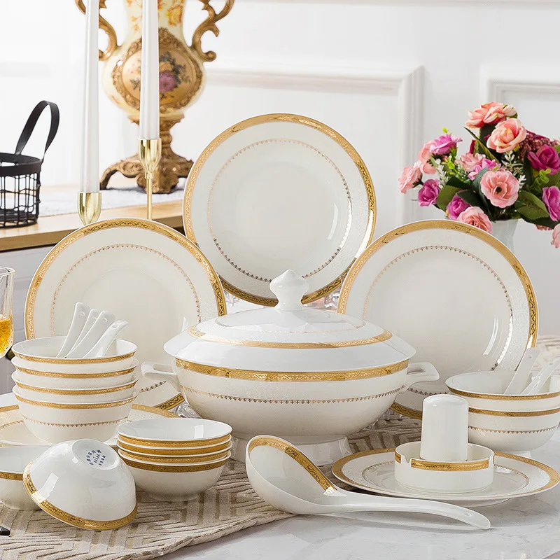 60 PCS Gold Rim Bone China Porcelain Dinner Plate Set Luxury Ceramic Tableware Sets