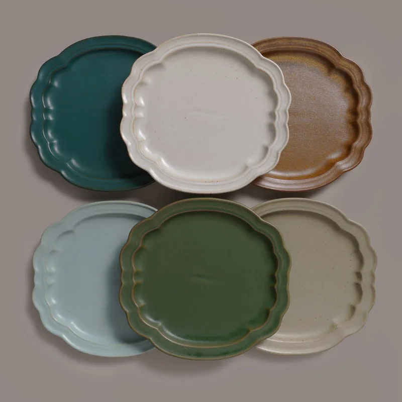 Eco-Friendly Lace Ceramic Flat Plate Creative Fruit Dessert Shallow Retro Cloud Dishes Handmade Irregular Dish for Home Gifts