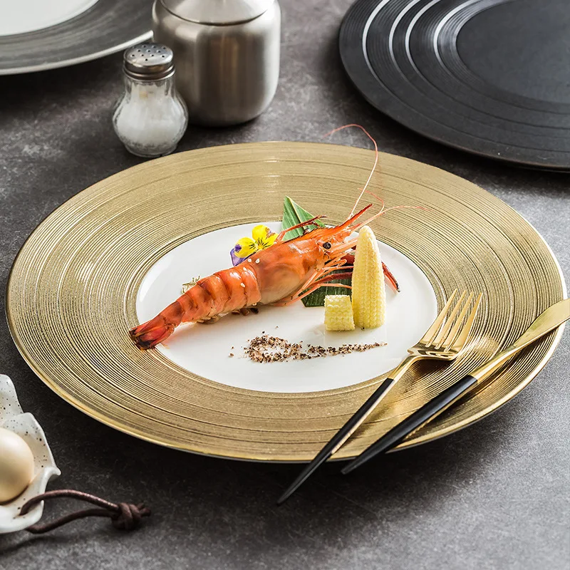 High-End 12-Inch European Style French Food Flat Steak Dinner Plates Gold-Plated Brushed Ceramic for Hotels and Restaurants