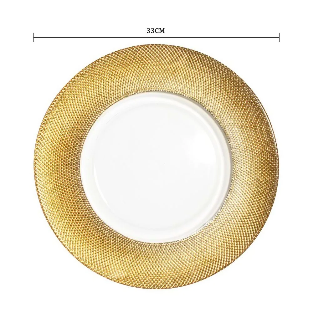 Посуда для обеденной тарелки, зарядное устройство для стеклянной тарелки в западной золотой оправе для вечеринки в ресторане отеля