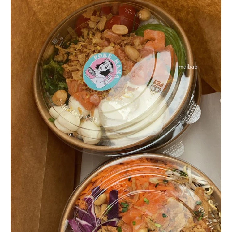 Напечатанный на заказ нагреваемый бумажный шар с логотипом, оптовая продажа, одноразовый, 500 мл, 750 мл, бумажный шар для еды, салатница из крафт-бумаги с крышкой из полиэтилена