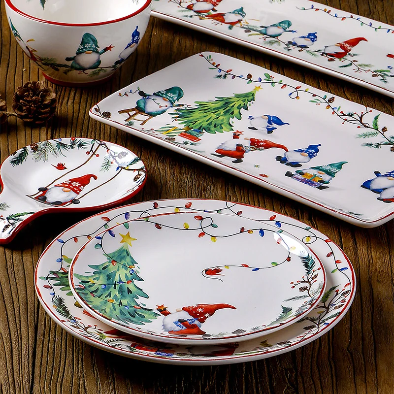 Christmas Ceramic Dishes Large Dining Plat Dinnerware Sets Ceramic Christmas Atmosphere Tableware Under Glazed Color