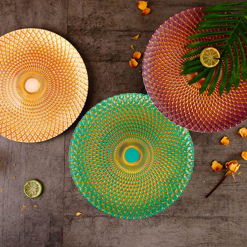 Золотое стекло круглой формы, оптовая продажа, изысканный шведский стол, свадебное зарядное устройство, позолоченные ювелирные изделия, обеденные тарелки