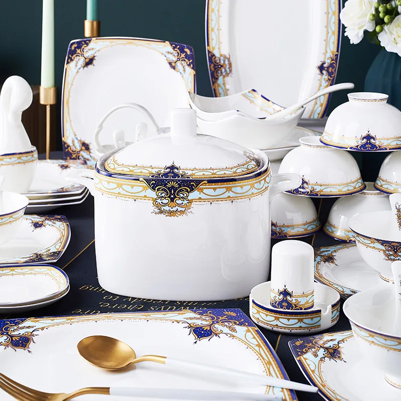 Luxury Nordic Royal Ceramic Tableware Set Bone China Gold Rim Square Plates Dishes Dinner Sets