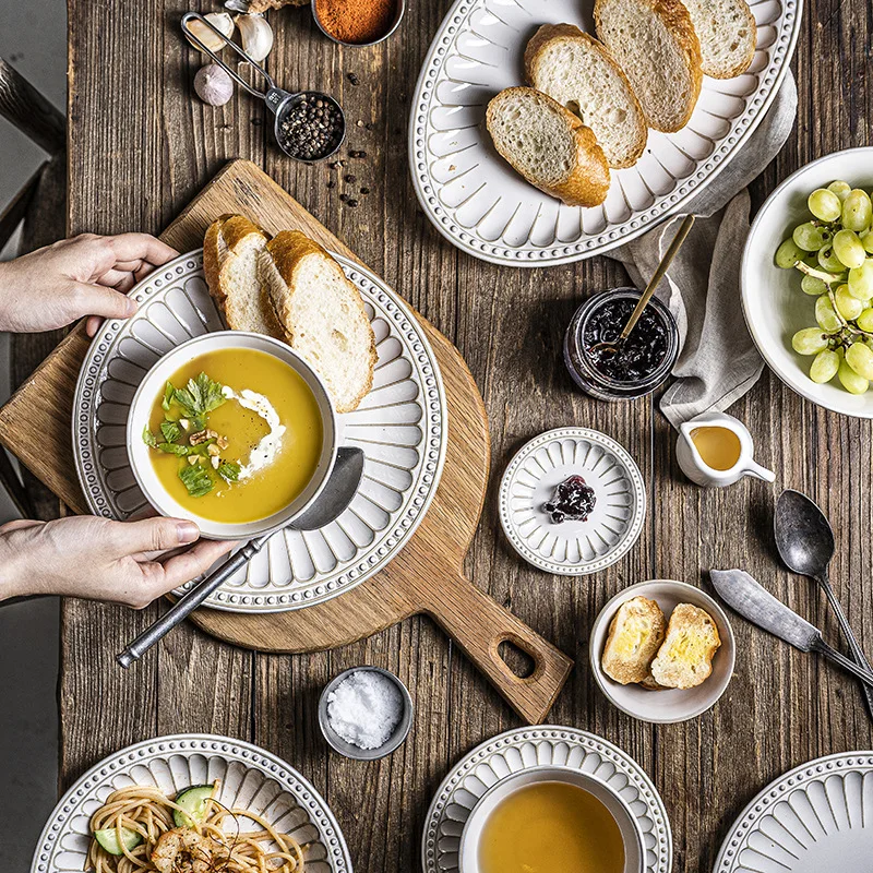 Vintage Nordic Home Embossed White Glaze Ceramic Tableware Stoneware Dinnerware Plates Bowls and Cup Set