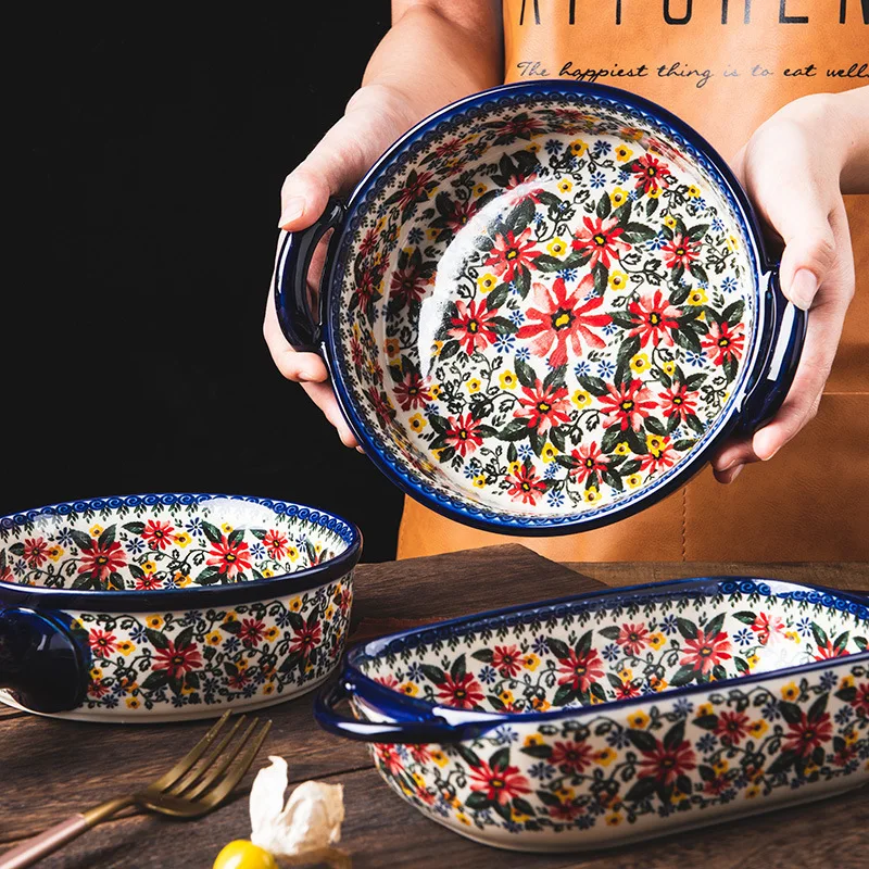 Retro Bohemian Daisy Floral Under Glazed Dim Sum Plates and Bowls Set Ceramic Porcelain Salad Bowl Baking Pan Dinner Set