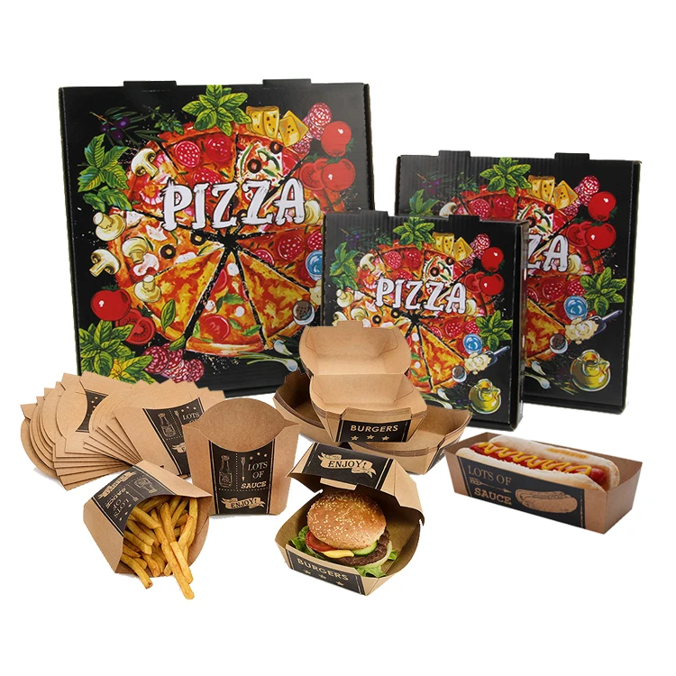 Напечатанный на заказ ресторан, вынос, бумажная упаковка для фаст-фуда, контейнеры для бургеров с закусками и картофелем фри, 35 см, 9-дюймовые коробки для пиццы с логотипом