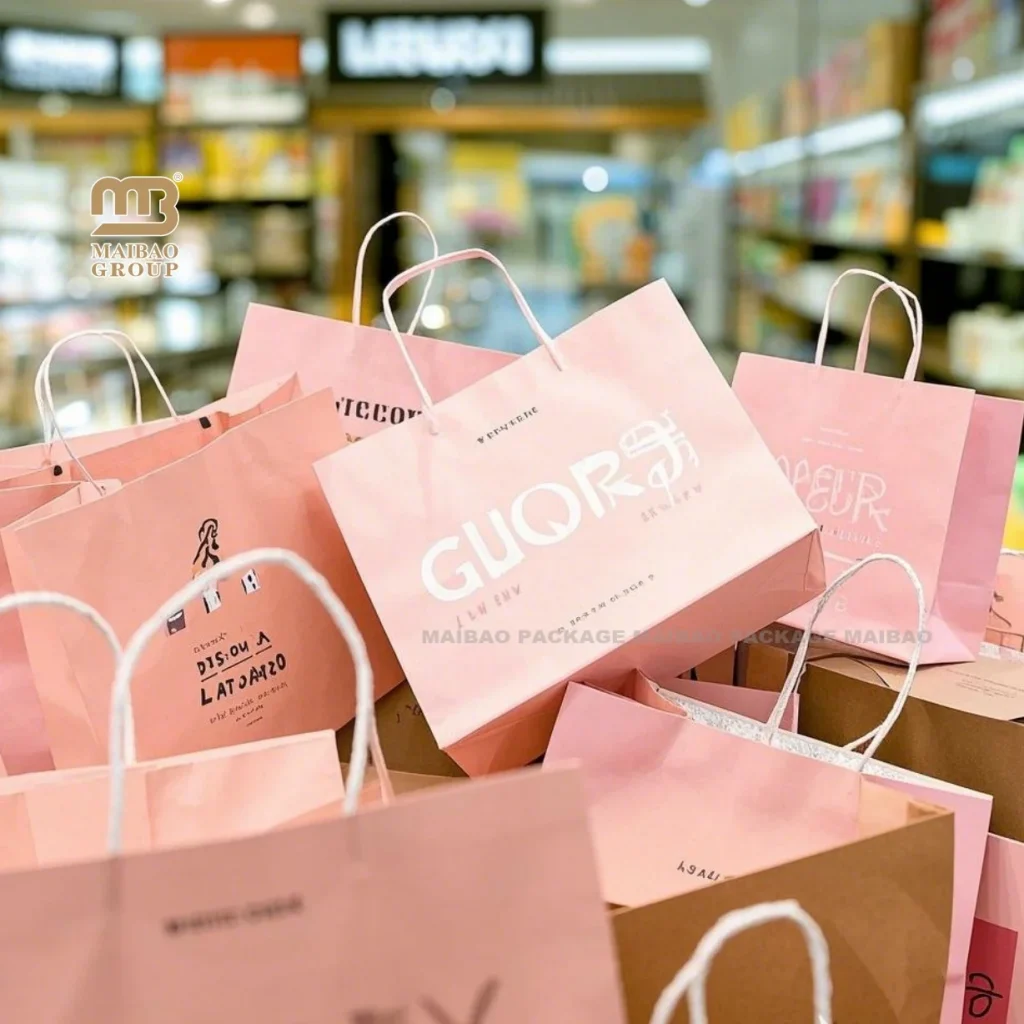 Оптовый бумажный пакет для покупок с полным логотипом и ручкой Коричневые и белые пакеты из крафт-бумаги с вашим собственным логотипом