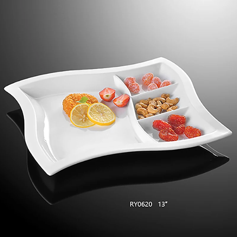 Оптовая продажа, керамическая тарелка с логотипом для шведского стола, посуда для общественного питания, ресторанная фарфоровая тарелка с 5 отделениями для отеля