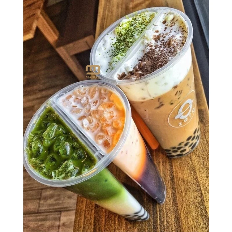 Оптовая продажа, кофейный смузи, пластиковый стаканчик для чая Боба, одноразовый пузырьковый чай, пластиковый стаканчик из полипропилена, 2 отделения, разделенная чашка для чая Боба