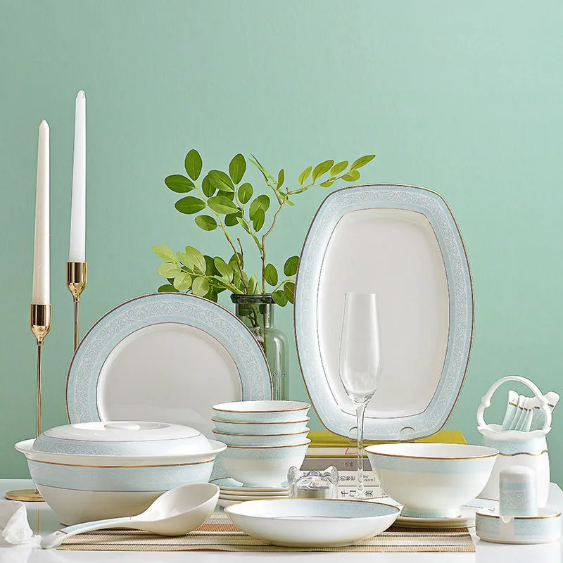 English Style Abstract Artistic Bone China Dinnerware Sets Kitchen Ceramics Bowls Dinner Plates