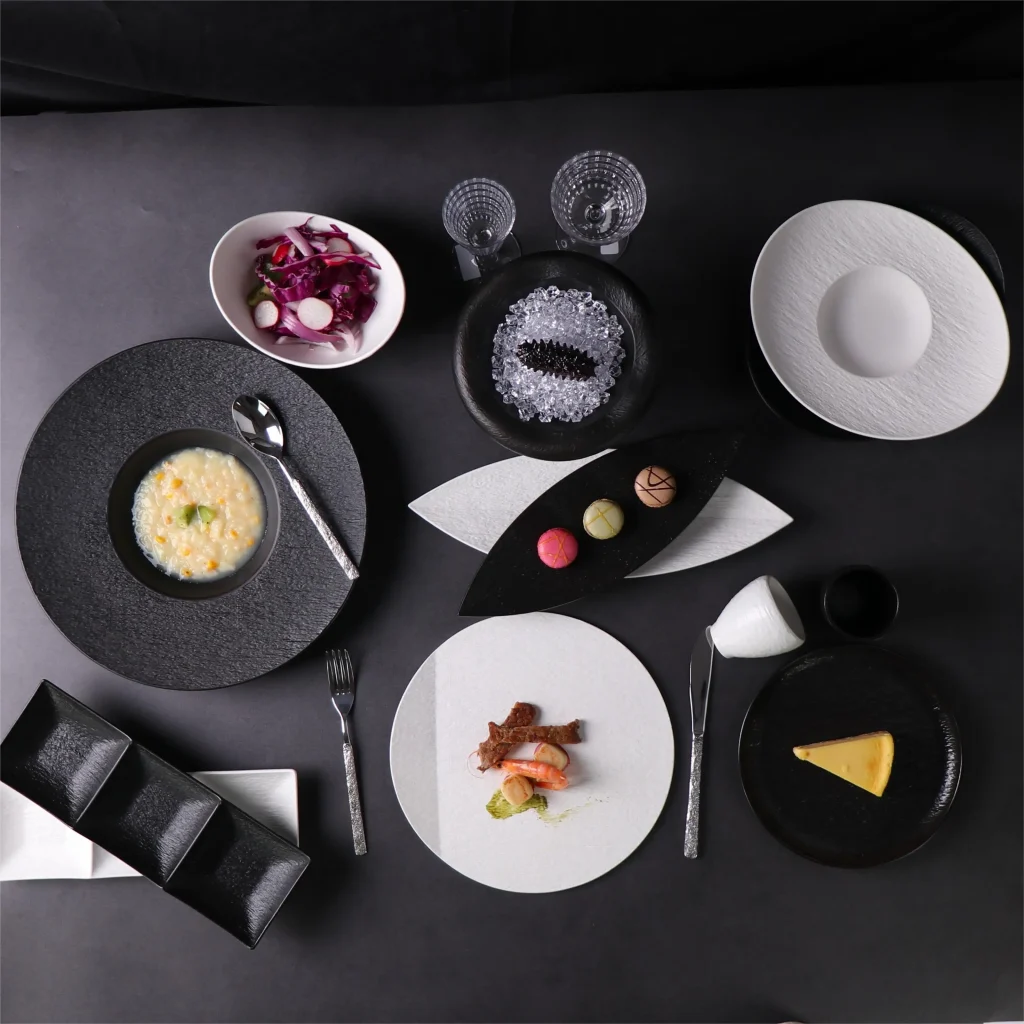 Посуда для ресторана, черно-белая, цвета на заказ, тарелка с 3 отделениями, блюдце, сервировочная посуда для кейтеринга