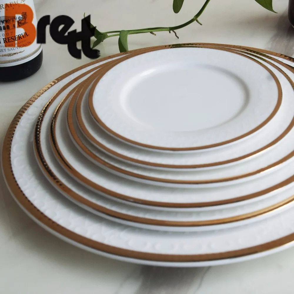 Обеденные тарелки Brett с золотой оправой, новейший дизайн, новый обеденный набор из костяного фарфора для свадьбы