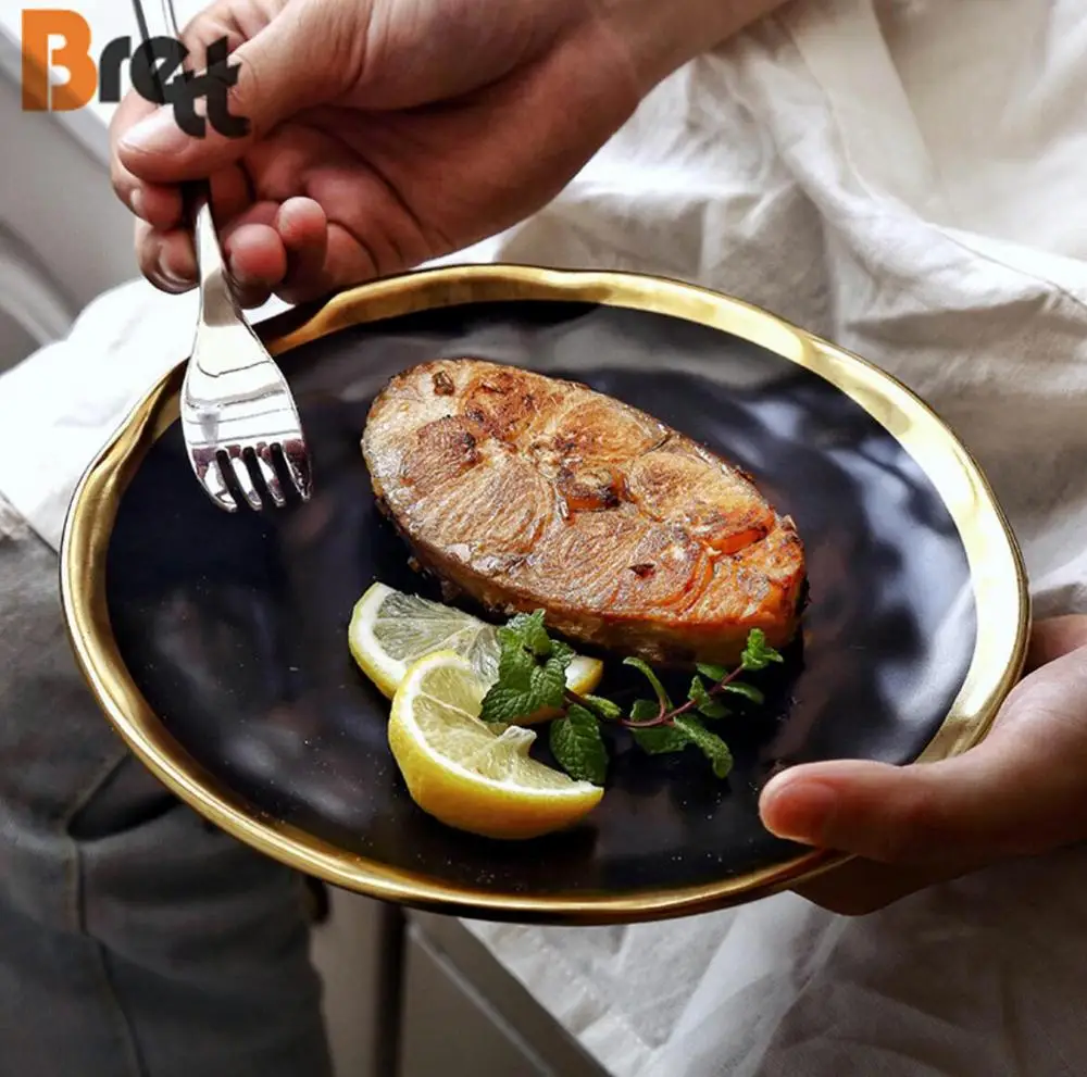 Черные керамические тарелки Brett для ужина в европейском стиле с золотой оправой, 8 дюймов, 10 дюймов, тарелки для ресторана в скандинавском стиле, тарелка для стейка