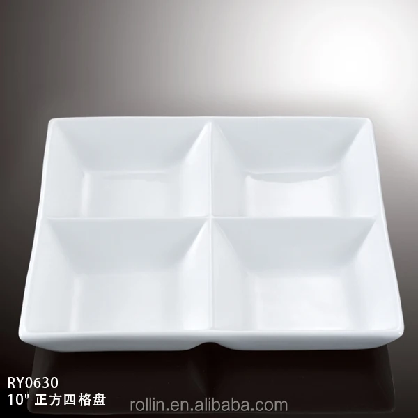 Прочная фарфоровая четырехсекционная разделенная тарелка для отелей и ресторанов, оптовая продажа, белая разделенная керамическая тарелка