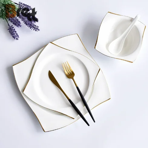 Фарфоровая тарелка Brett Square с золотой оправой, оптовая продажа, оптовая продажа, посуда из костяного фарфора высокого стандарта, посуда для ресторана