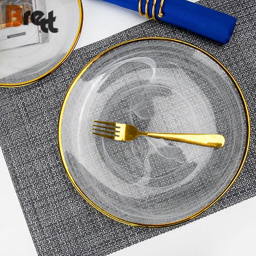 Роскошная посуда с золотым ободком, зарядное устройство, стеклянная свадебная тарелка под тарелками 12 дюймов, 10,5 дюймов