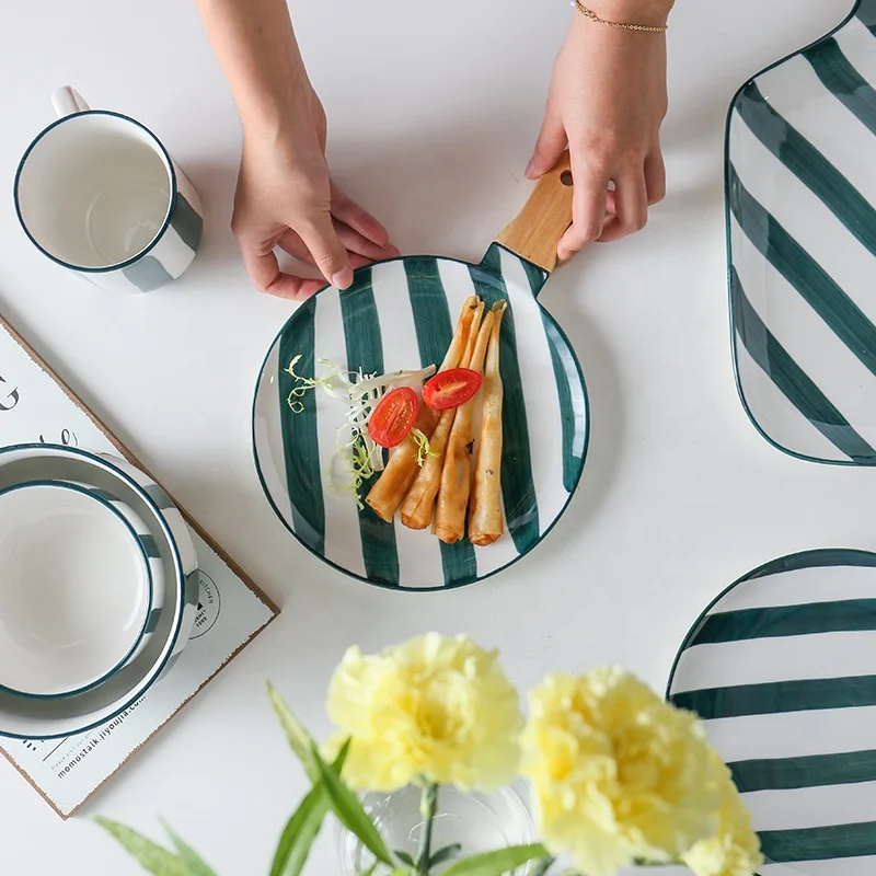 Серия Green Stripe, скандинавская керамическая посуда с ручной росписью, набор тарелок в китайском и западном стиле, кружка