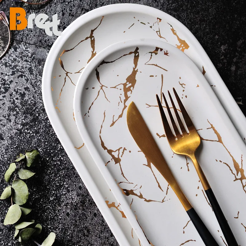 Brett Nordic Marble Прямоугольная овальная керамическая западная белая черная тарелка для суши Тарелка для зарядного устройства для ресторана 10,5 «13,5»