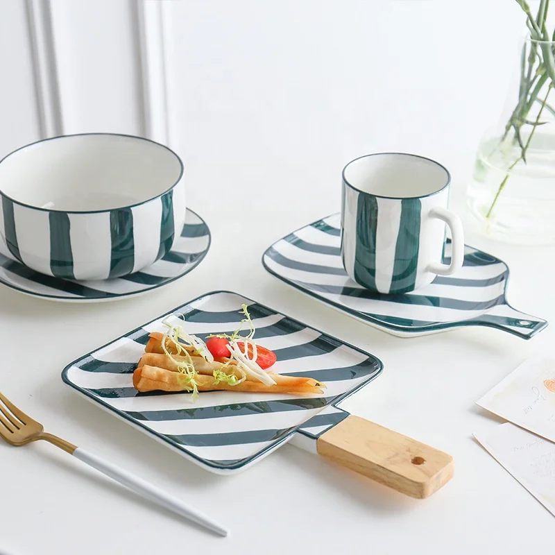 Серия Green Stripe, скандинавская керамическая посуда с ручной росписью, набор тарелок в китайском и западном стиле, кружка