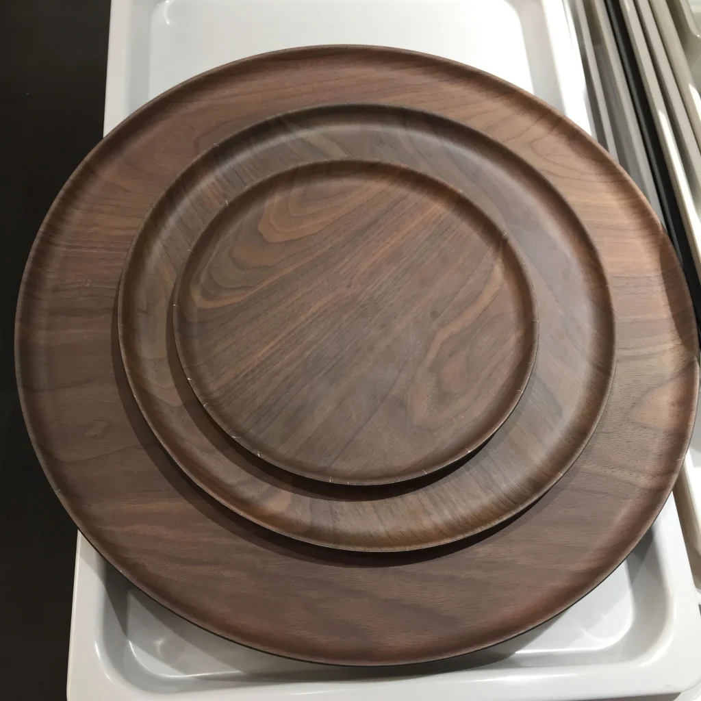 Оптовый круглый обеденный сервиз из меламина, деревянные дизайнерские тарелки и миски в западном стиле для свадеб и вечеринок для ресторанов