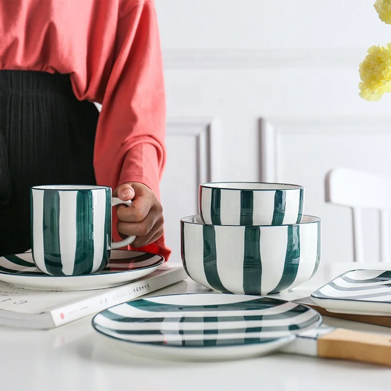 Серия Green Stripe, скандинавская керамическая посуда с ручной росписью, набор тарелок в китайском и западном стиле, кружка
