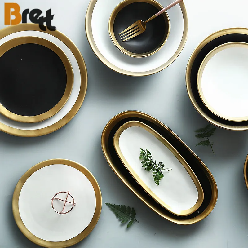 Экологичный керамический набор посуды Brett в европейском стиле, черно-белая обеденная тарелка для ресторана с золотой каймой