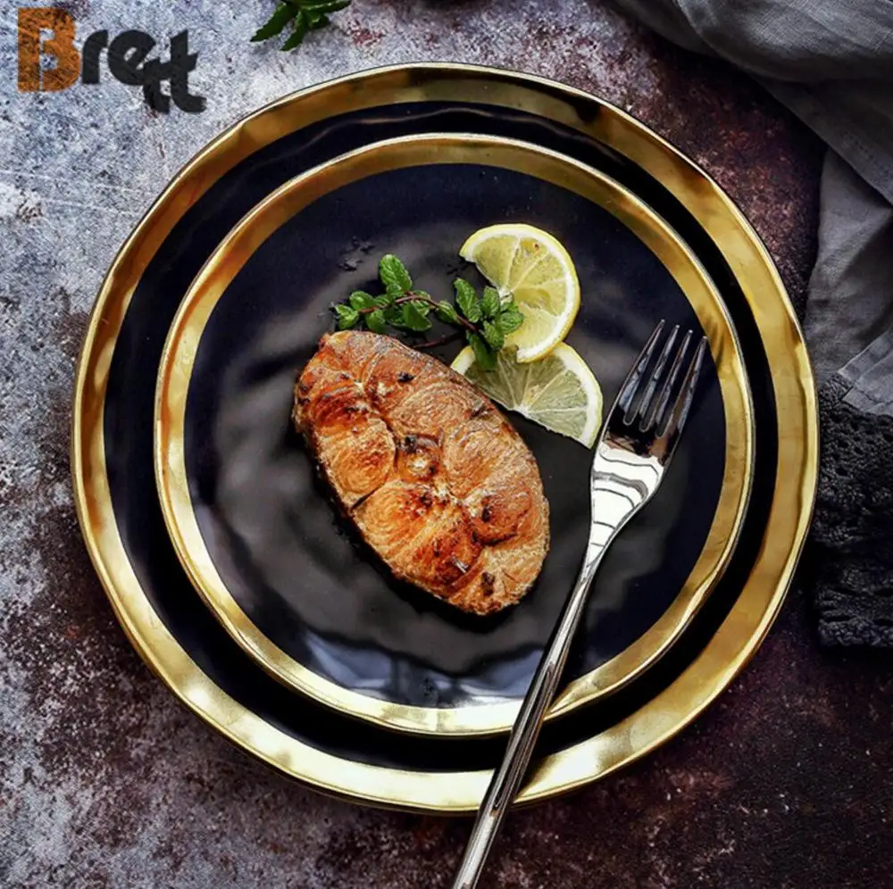 Черные керамические тарелки Brett для ужина в европейском стиле с золотой оправой, 8 дюймов, 10 дюймов, тарелки для ресторана в скандинавском стиле, тарелка для стейка