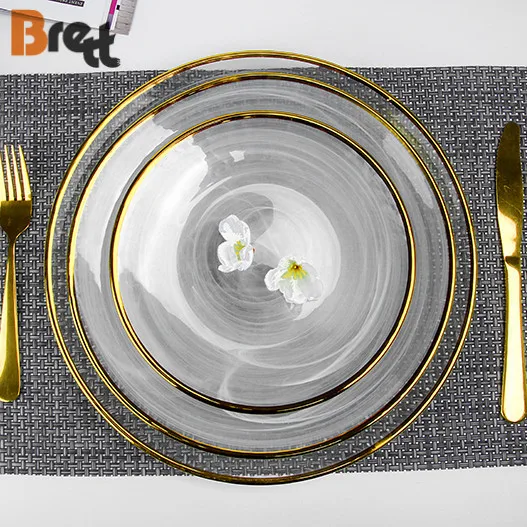 Роскошная посуда с золотым ободком, зарядное устройство, стеклянная свадебная тарелка под тарелками 12 дюймов, 10,5 дюймов