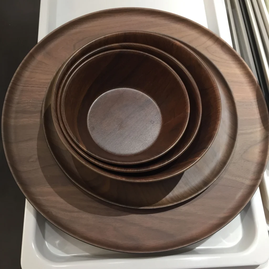 Оптовый круглый обеденный сервиз из меламина, деревянные дизайнерские тарелки и миски в западном стиле для свадеб и вечеринок для ресторанов