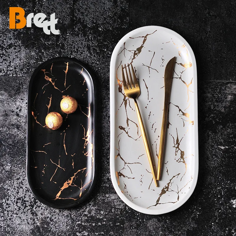 Brett Nordic Marble Прямоугольная овальная керамическая западная белая черная тарелка для суши Тарелка для зарядного устройства для ресторана 10,5 «13,5»