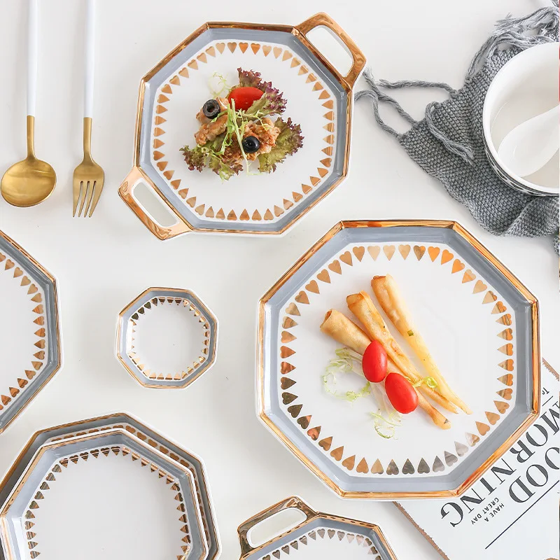 Высококачественный восьмиугольный фарфоровый набор посуды в западном стиле с золотой оправой, набор столовых приборов, тарелки