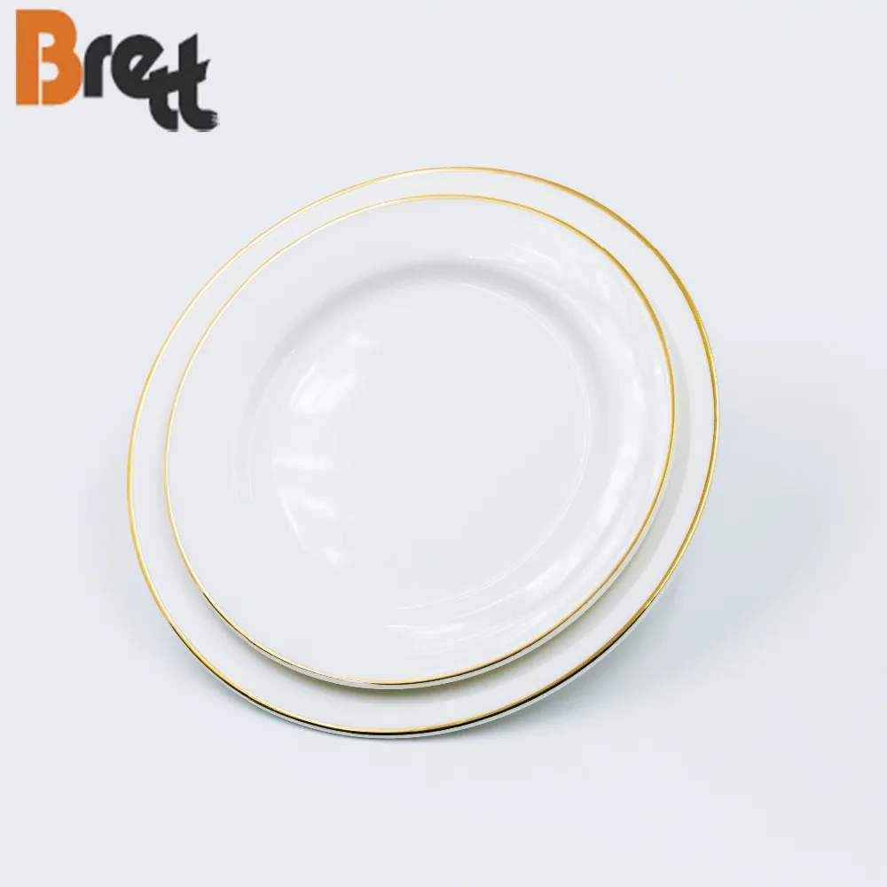 Бретт, современные роскошные обеденные тарелки из костяного фарфора с золотой оправой, круглые керамические ресторанные блюда для свадеб