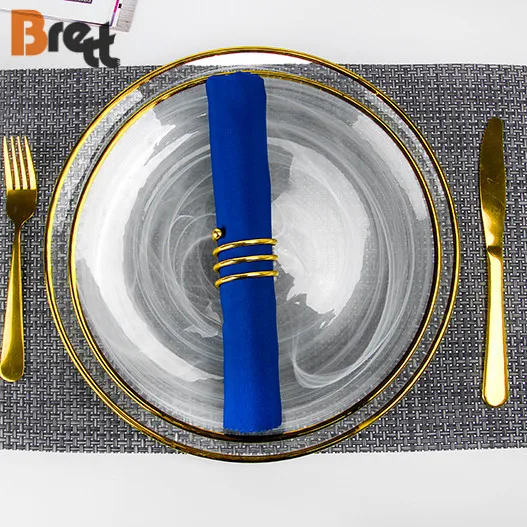 Роскошная посуда с золотым ободком, зарядное устройство, стеклянная свадебная тарелка под тарелками 12 дюймов, 10,5 дюймов