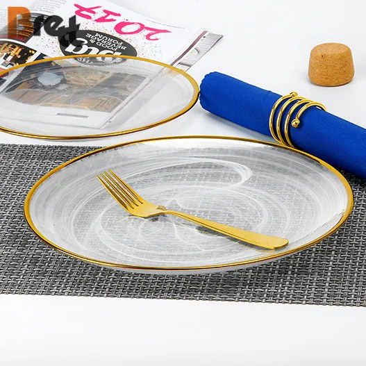 Роскошная посуда с золотым ободком, зарядное устройство, стеклянная свадебная тарелка под тарелками 12 дюймов, 10,5 дюймов