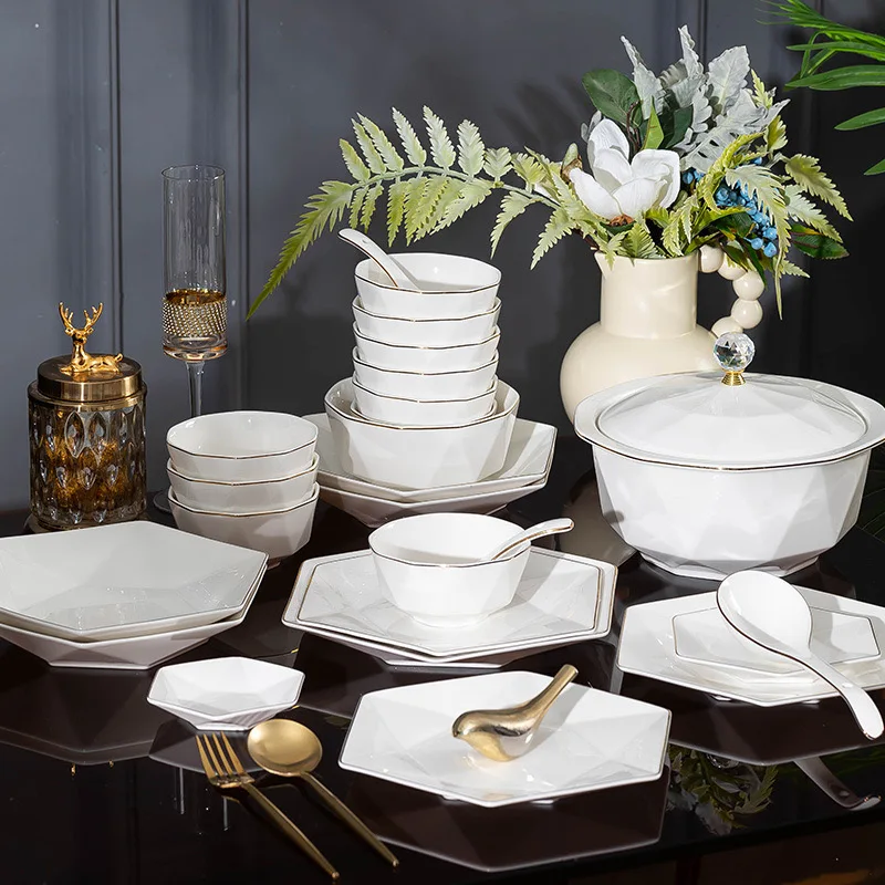 Chinese Factory Price Dish Set Custom Hexagonal White Food Plates Set Dinnerware Tableware Set With Gift Box