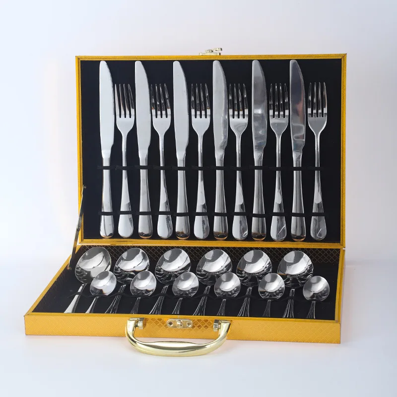 Luxury 24pcs Gold Plated Stainless Steel Cutlery Set Knife Fork Spoon Flatware for Wedding Coffee & Tea With Gift Box