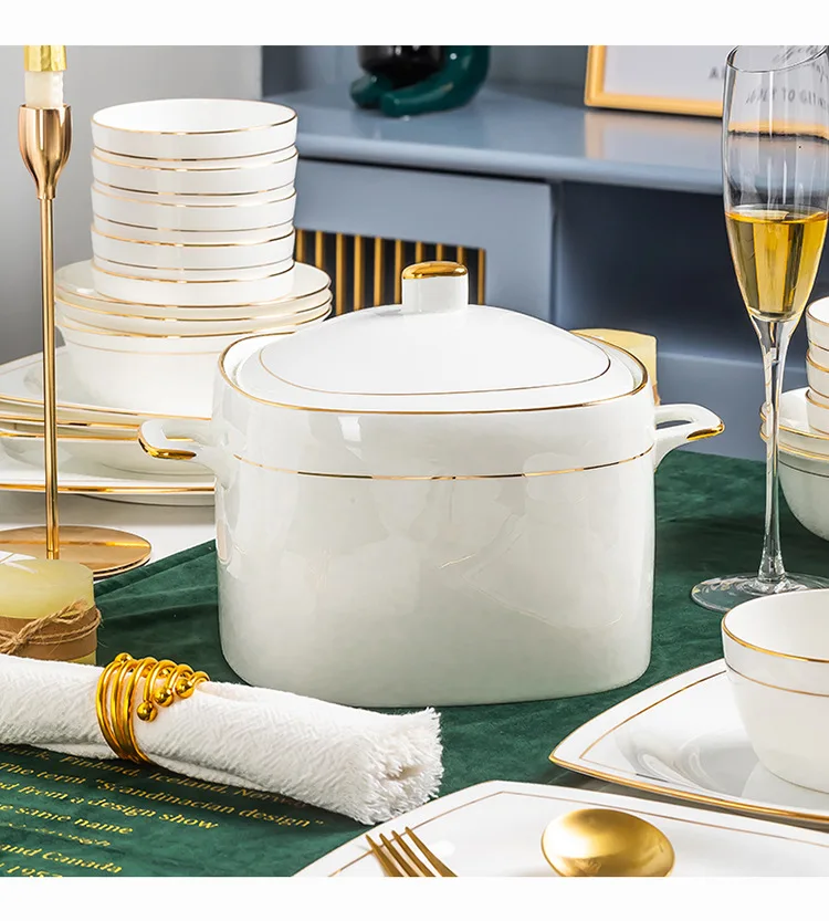 Light Luxury Simple Platinum Rim Dinnerware Set Sustainable Kitchen Cutlery with Bowl for Seniors’ Meals