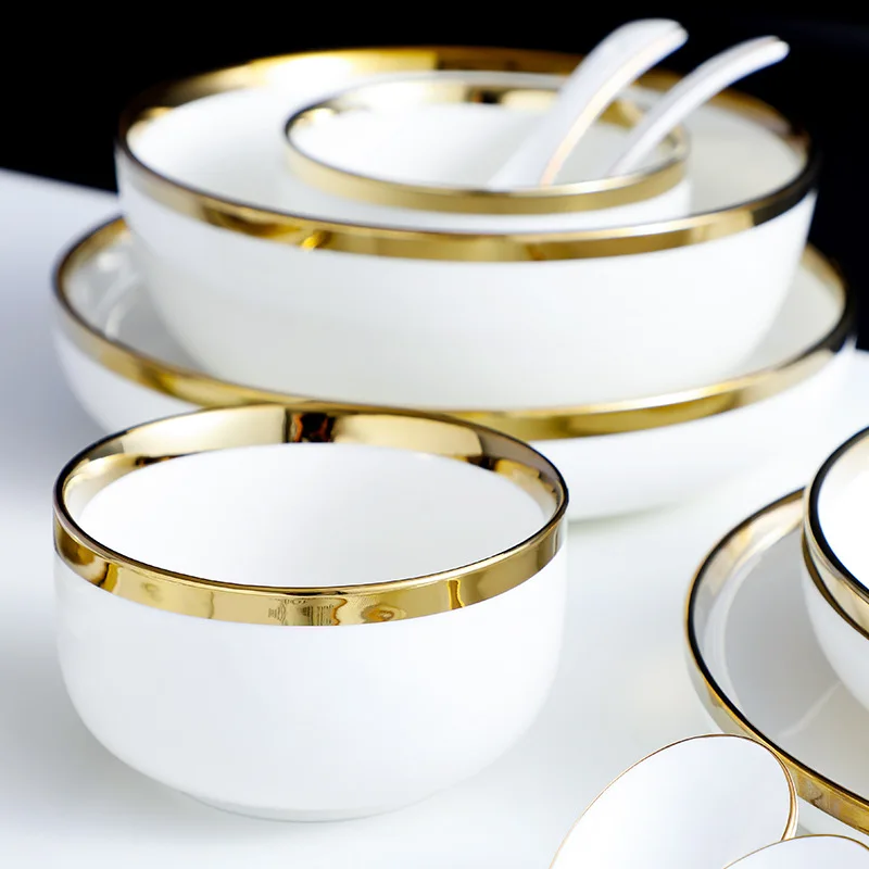 White Golden Rim Dinnerware Set Porcelain Luxury Rice Bowl Tableware Set White and Gold Plate Set Nordic Style Ceramic Modern