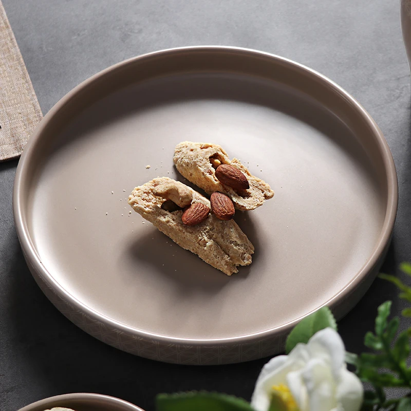 Оптовые обеденные тарелки, керамическая тарелка для кафе, хлебная тарелка бежевого цвета с принтом, керамические тарелки по индивидуальному заказу для ресторанов, отелей