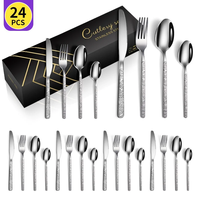 Столовые приборы, 24 шт., позолоченный блок, высококачественный нож, вилка, ложка из нержавеющей стали, набор со стильной подарочной коробкой для вечеринок