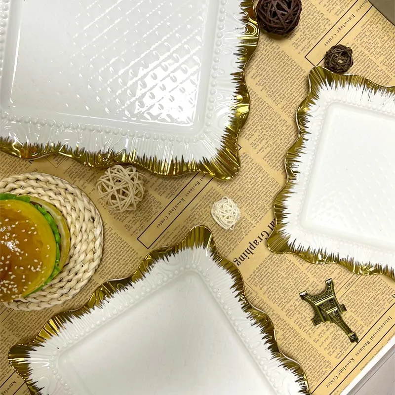 2023 New Design Electroplated Gold Edge White Ceramic Wedding Restaurant Tableware Minimalist Square Shape Dishes Plate New