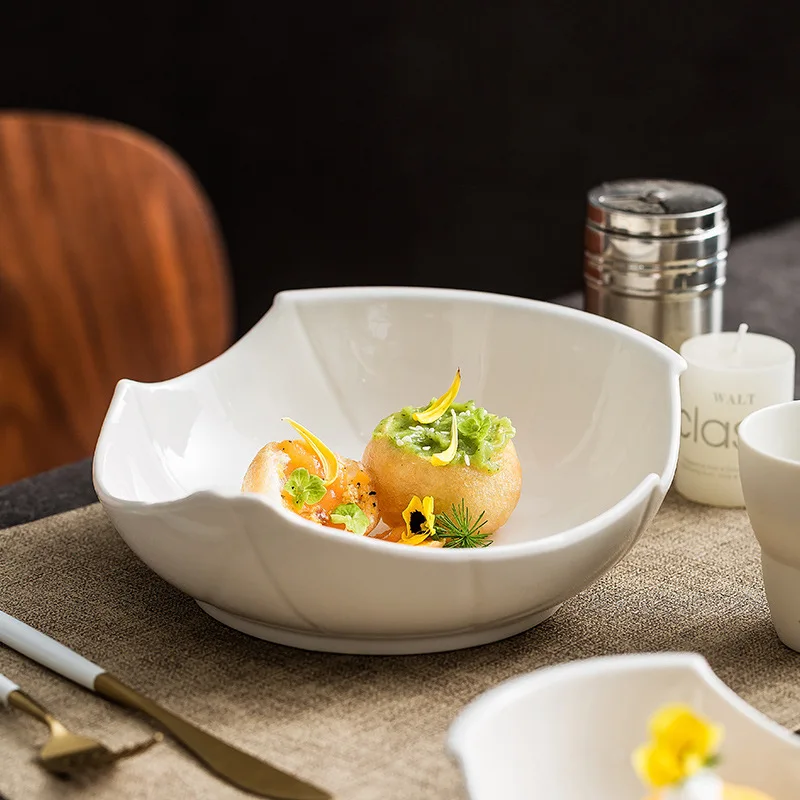 Rock Customized White Porcelain Noodle Soup Salad Bowls Sustainable Round European Design Style Food Serving Dinnerware Party