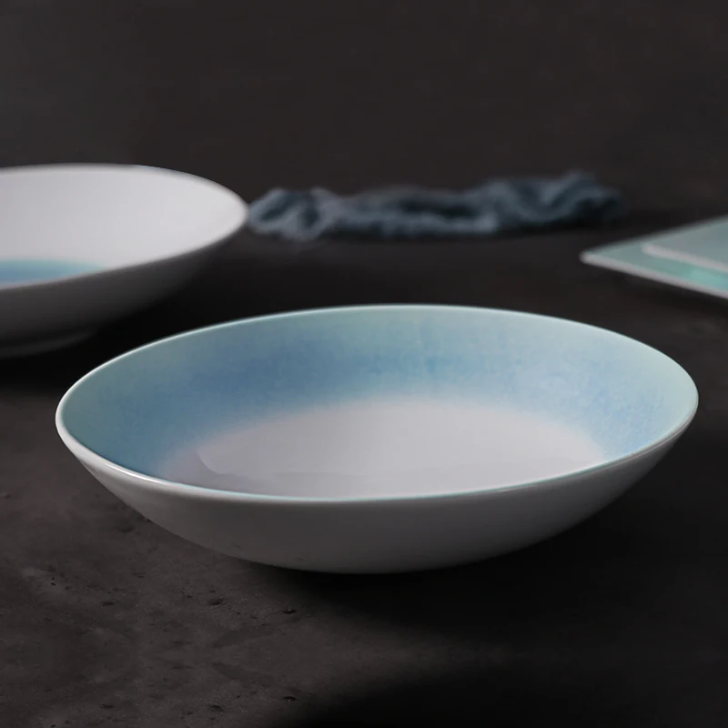 Фарфоровая миска для лапши, 23 см, синие ресторанные тарелки и миски, керамическая посуда, набор тарелок, чаша, штабелируемая