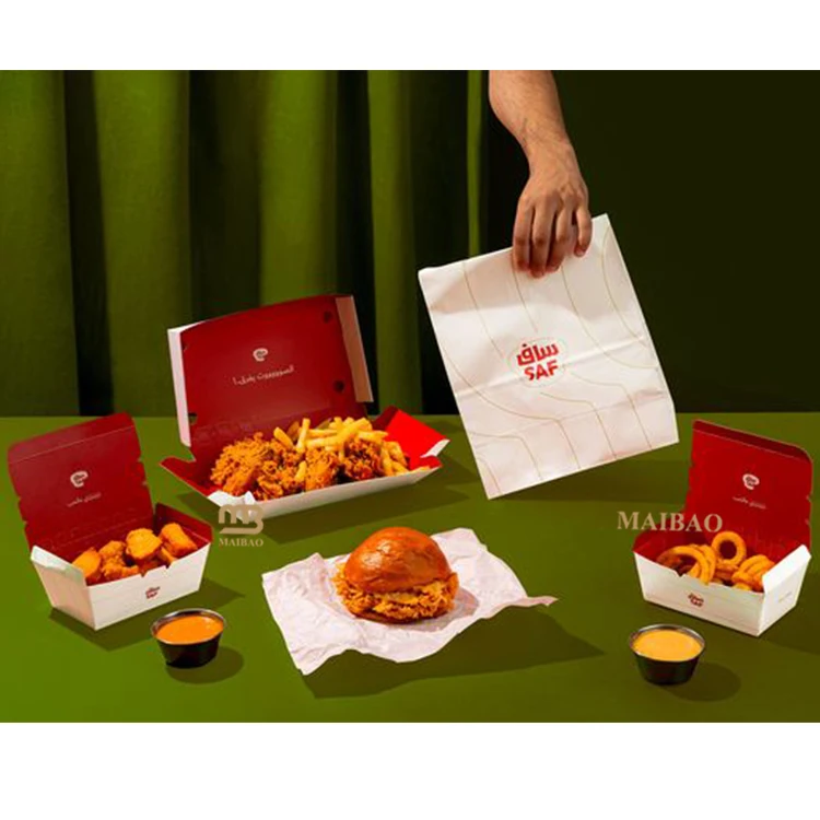 Оптовая продажа, коробка для детской еды на заказ, бумажная упаковка для еды на вынос, коробка для картофельных чипсов, одноразовая коробка для гамбургеров с жареной курицей, контейнер для еды