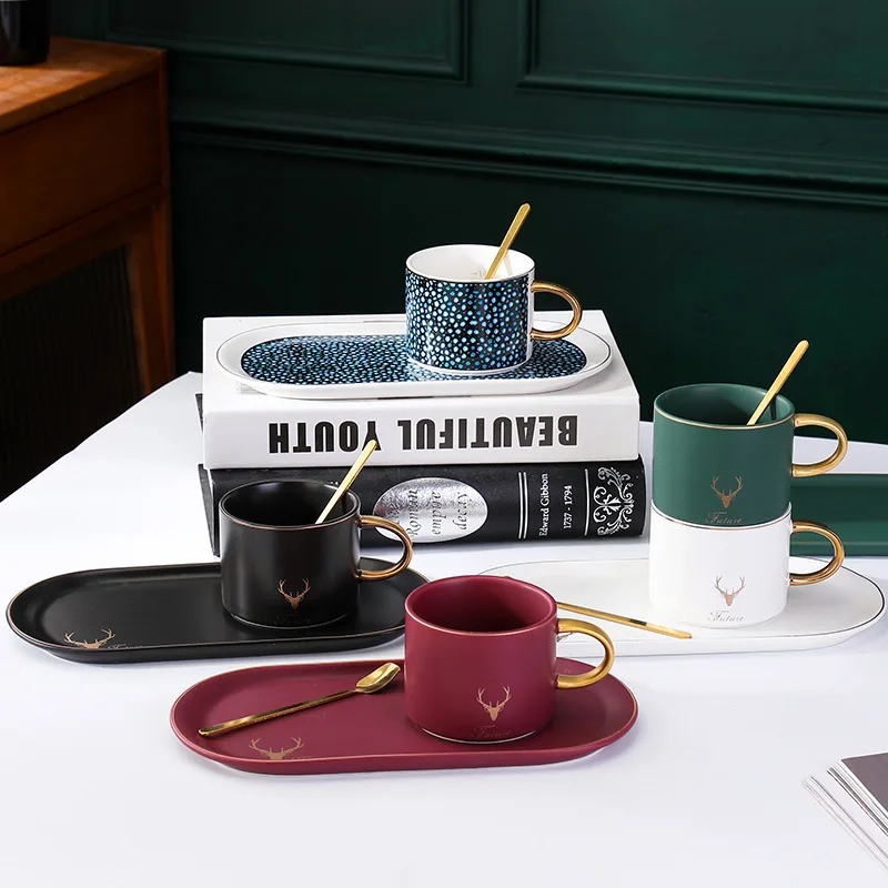 Ceramic Cup and Plate Gold Handle Coffee Cup  Mug Gold Edge Tray With Spoon Dinnerware Sets Ceramic European Style