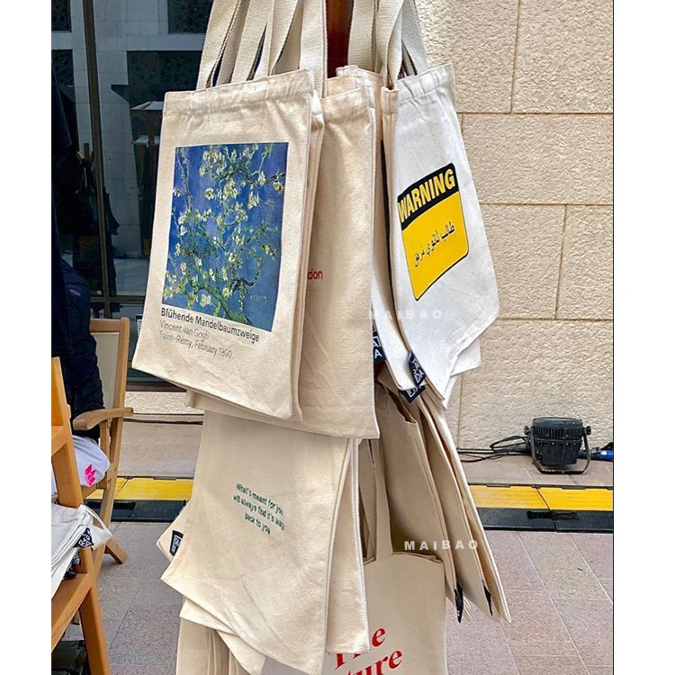 Большая холщовая сумка с печатным дизайном, карман и молния, экологически чистая белая хлопковая сумка для покупок, холщовая большая сумка с логотипом на заказ